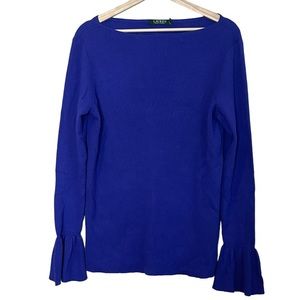 Lauren Ralph Lauren Womens Ribbed Knit Pullover Top Size L Flare Cuff Blue